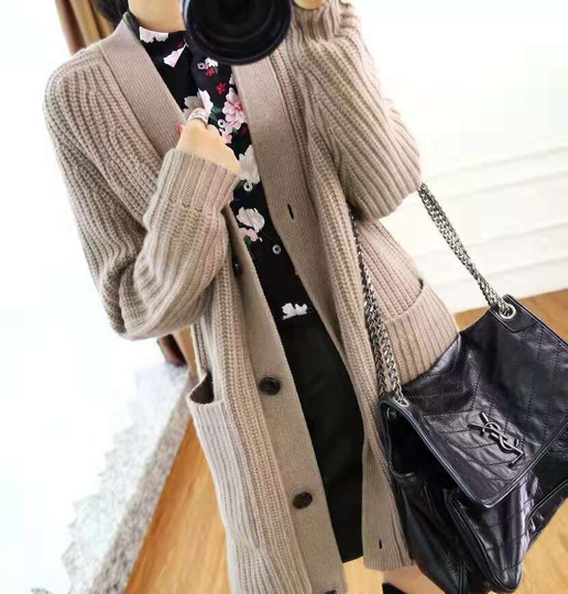Women Knit Wool/Cotton Blend Cardigan Long Sleeve Top Soft Sweater Warm Clothing Button Up With Two Pockets