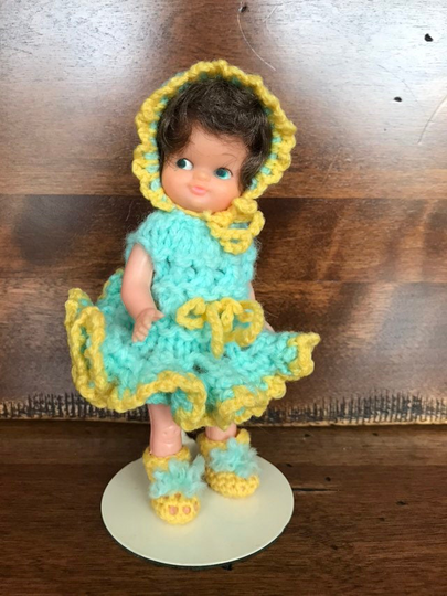 Retro Vintage Pee Wee Vinyl Doll With Handmade Crocheted Outfit & Shoes. Perfect Condition. Made in 1960/70's Hong Kong