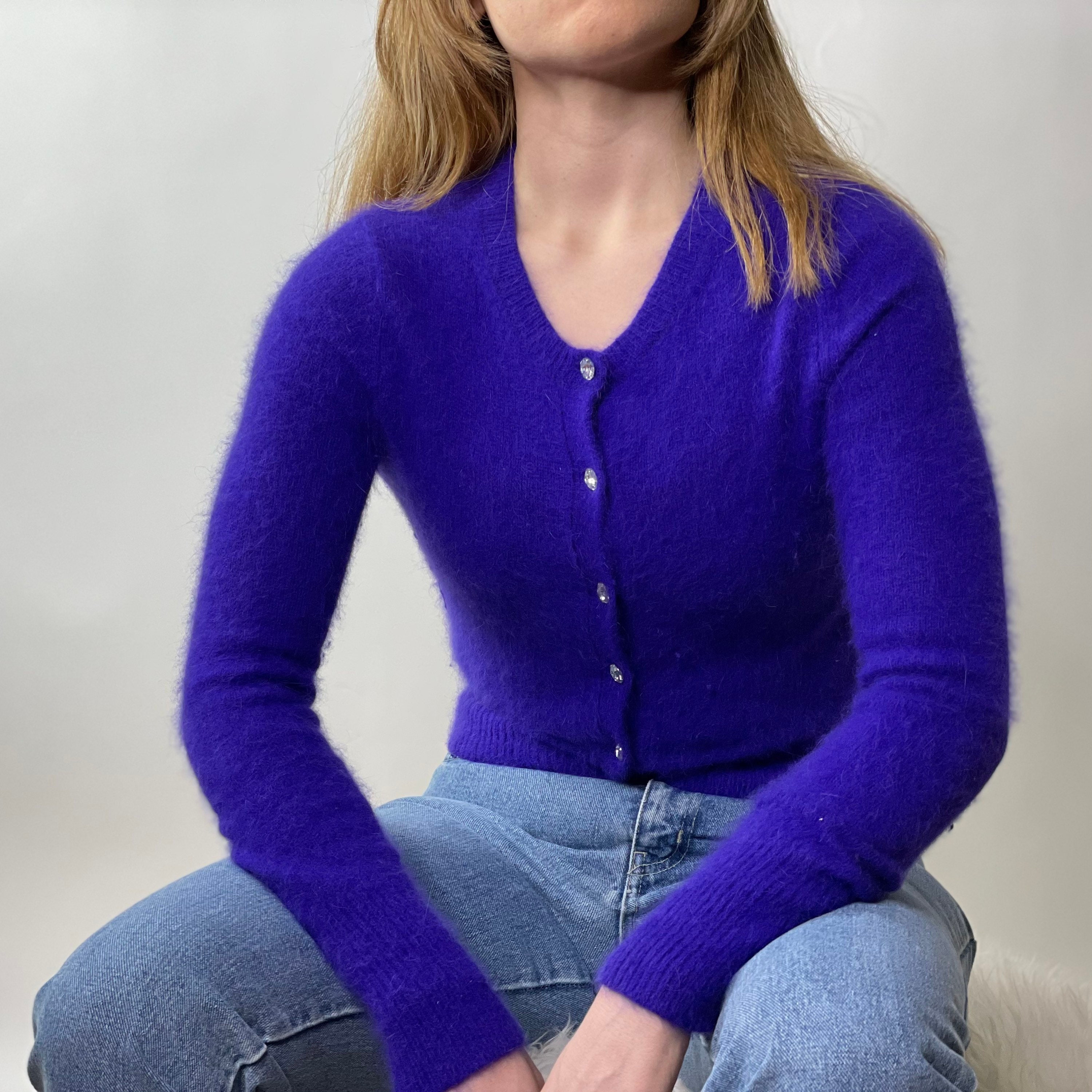 Vintage Cobalt Blue Angora Blend Cardigan Sweater, Size Small