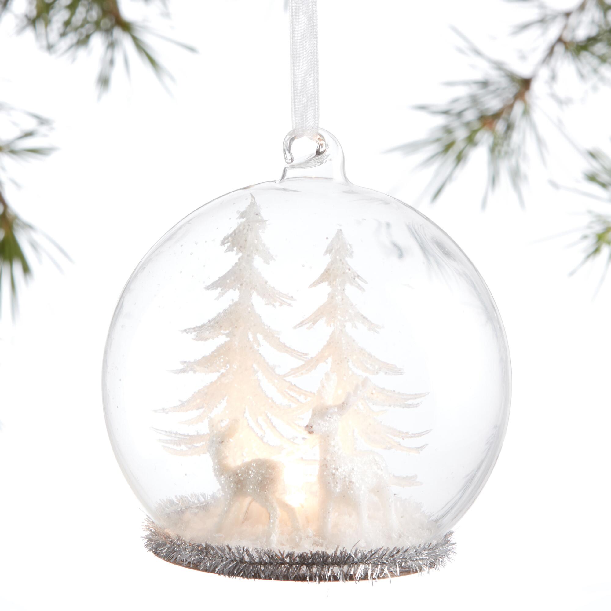 Glass Cloche Snowy Deer Scene LED Light Up Ornament: White by World Market