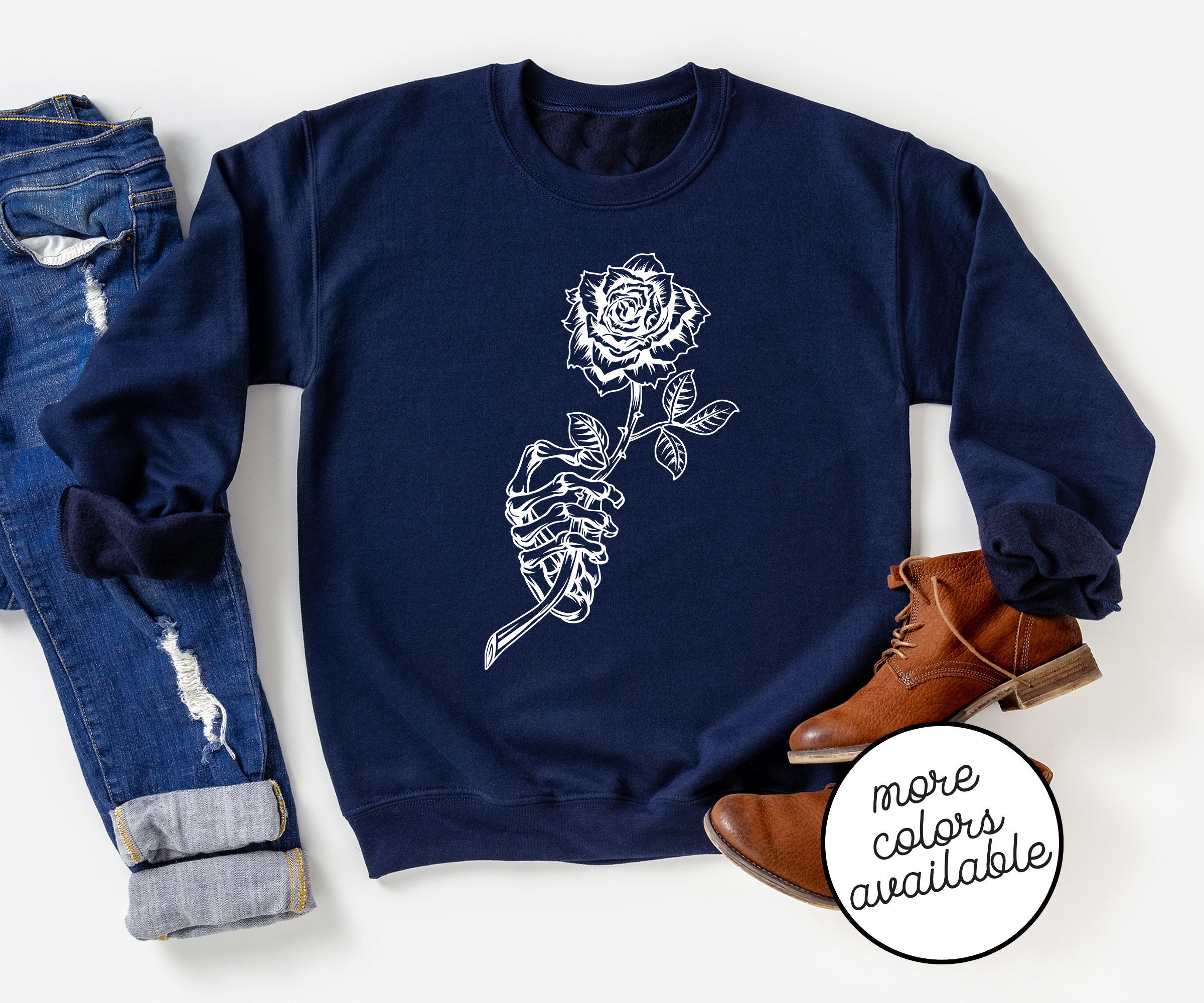 Halloween Sweater Rose Skeleton Hand Unisex Order Up For Oversized Fit Cute Comfy Sweatshirt