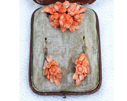 Antique Victorian 14K Carved Salmon Coral Brooch & Earrings in Original Box