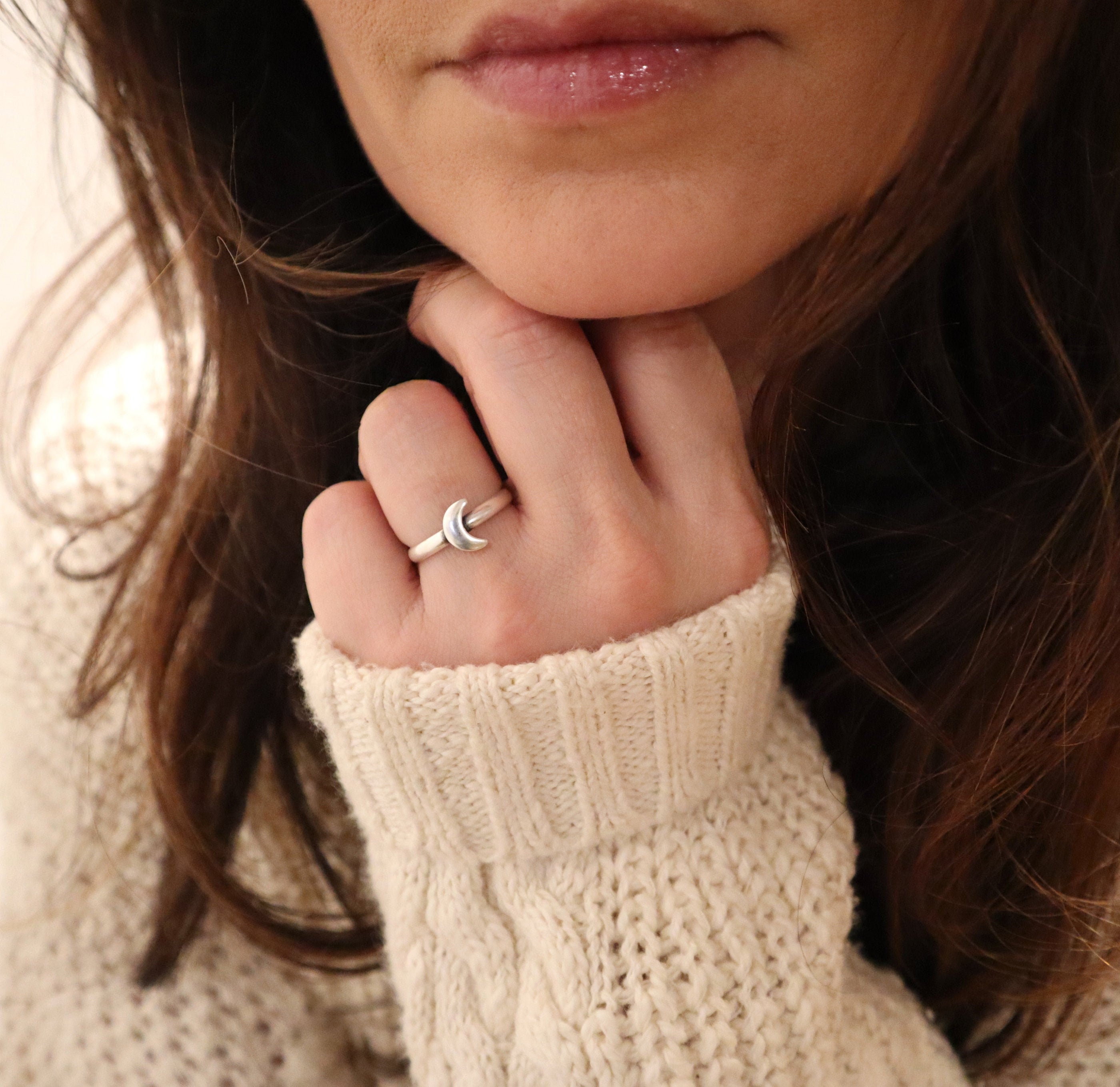 Crescent Moon Ring, Sterling Silver, Gold, Rose Gold Finishes, Small Stacking Ring