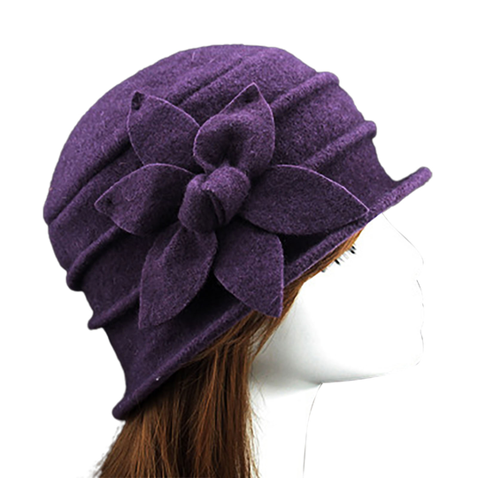 Flower Decor Felt Hat Solid Color Wool Blend Thick Warm Women Winter Hat Fashion Accessories - purple, one size
