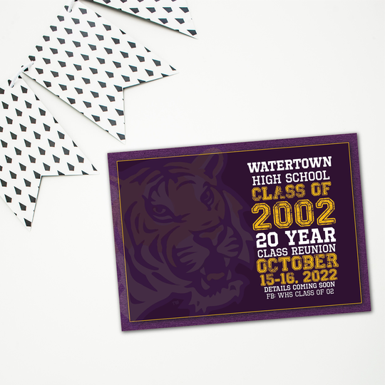 Purple Gold Mascot Tiger Class Reunion | Personalized Digital File High School College Save The Date Invitation