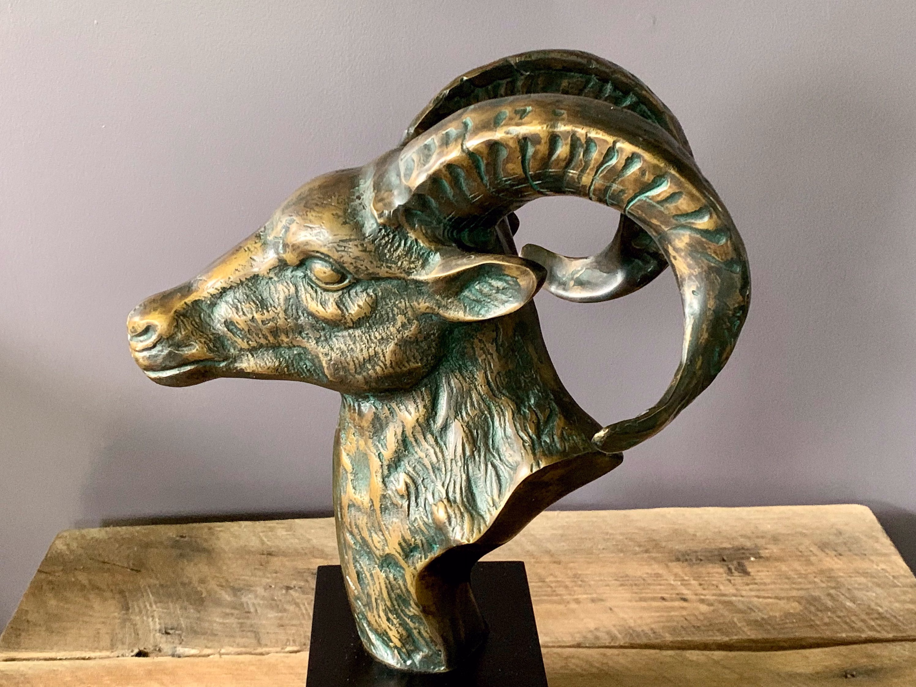 Vintage Large Mid Century Bronze Brass- Ram - Long Horn Big Sheep Bust Statue Art Sculpture