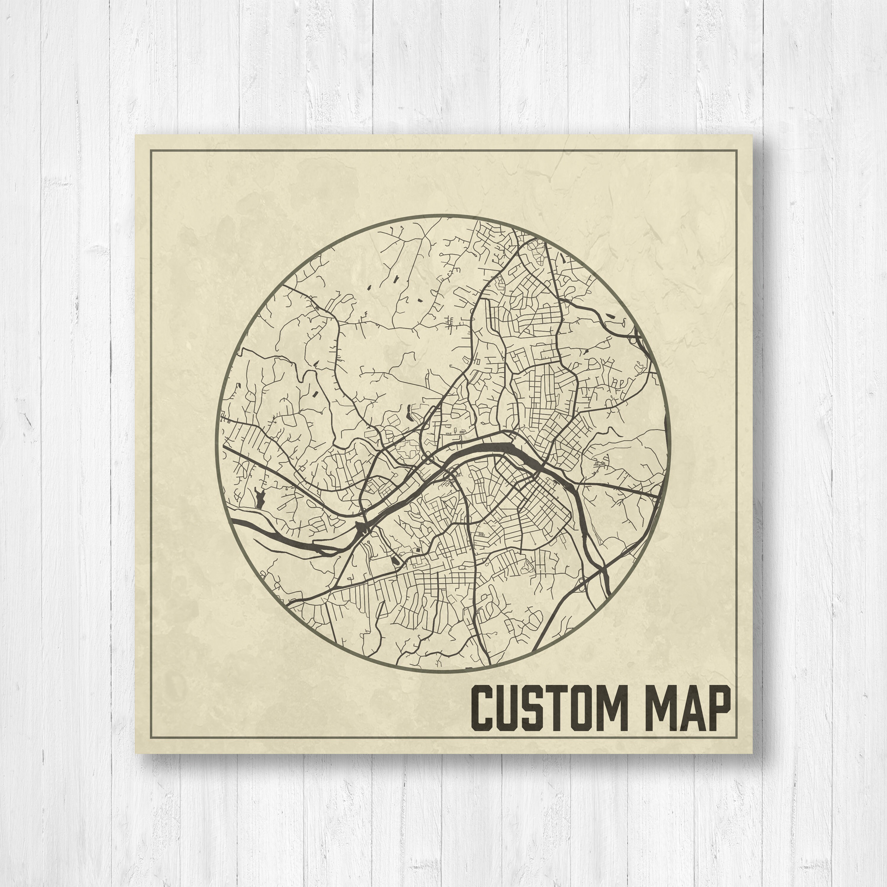 Custom Square Street Map Print, Personalized City Map, Tan Town