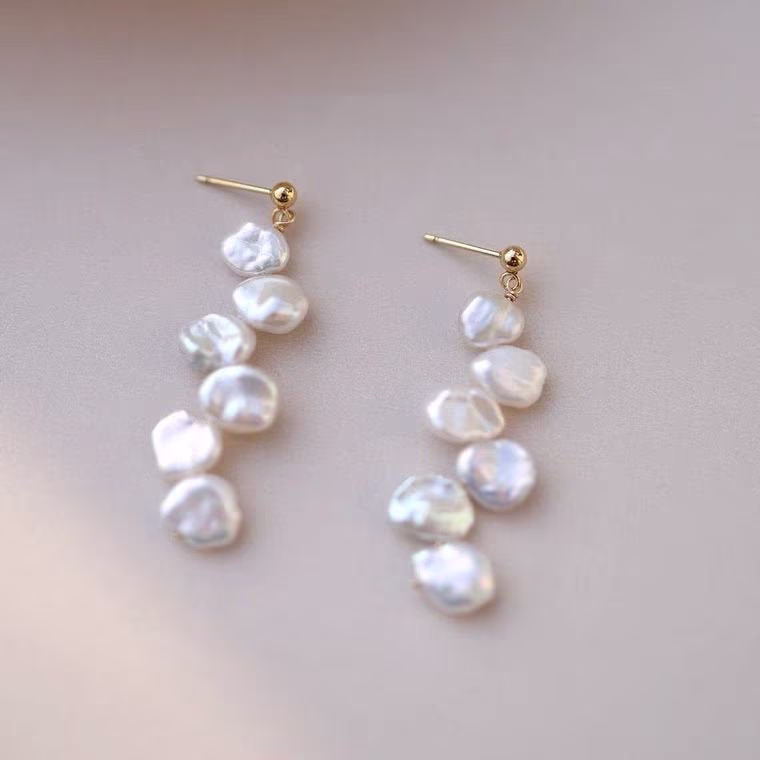 Korean Style 18K Gold Plated /Surgical Steel Natural Keshi 6-8mm Baroque Pearls Flat Side Flora Earrings Bridal & Bridesmaid Gifts