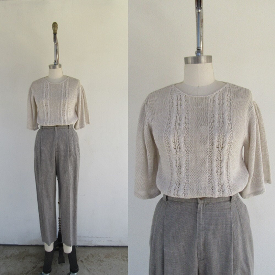 80S Puff Shoulder Cream Silk Blend Knit Sweater Top | Short Sleeve Keyhole Back Shirt Open Minimalist Jumper S