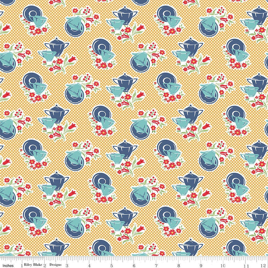 Lori Holt Cook Book Fabric By Riley Blake - Yellow & Blue Dishes The 1/2 Yard Or Fat Quarter