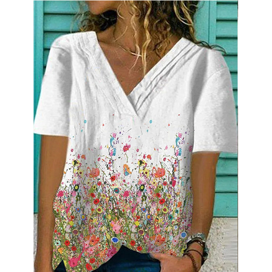 White Floral-Print Cotton-Blend Casual V Neck Shirts & Tops - White, 3XL
