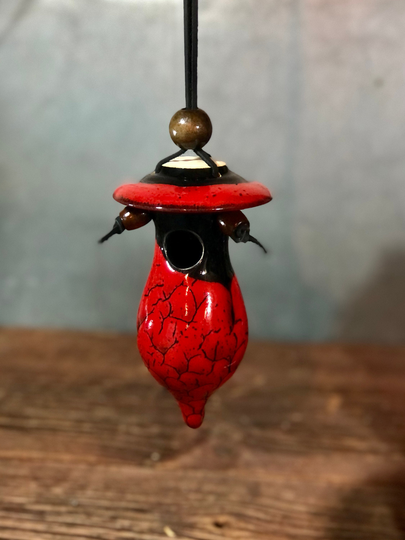 Hand Thrown Stoneware Pottery Mini Bird House Saigon Red Black Hummingbird Finch