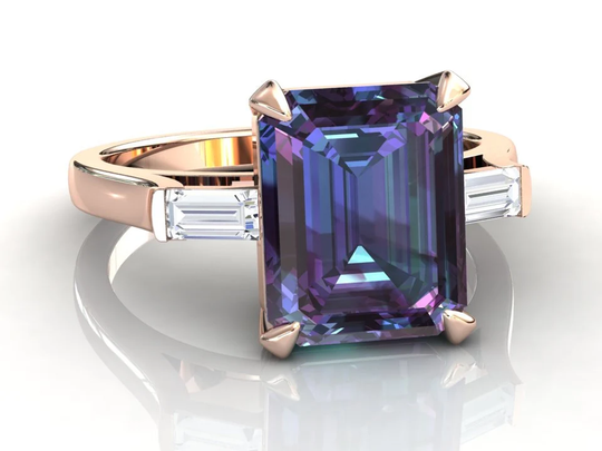 Rose Gold Alexandrite Engagement Ring | 4 Carat 3 Stone Natural Diamond Anniversary Emerald Cut