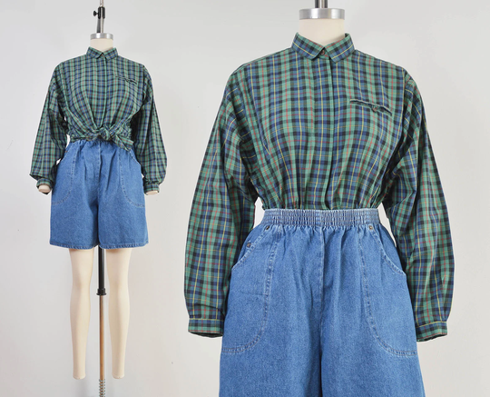 Green Plaid Shirt | 80S Vintage Preppy Button Down Cotton Blend Blouse Size M L