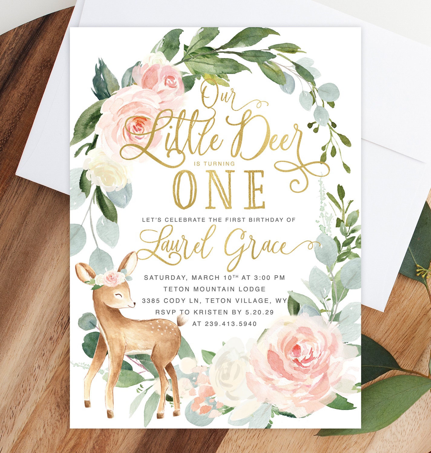 Deer Baby Birthday Invitation Girl, Little Invite, Girl Woodland Invite - Pink
