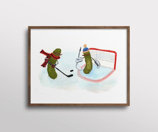 Whimsical Pickles With Mustaches Playing Ice Hockey Watercolor Art Print
