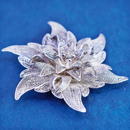 Vintage Sterling Silver Handmade Brooch, 925 Filigree Flower Snowflake Pin, Tested
