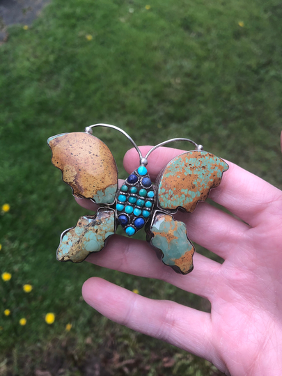 Very Large Turquoise & Lapis Butterfly Brooch, Sterling, Vintage