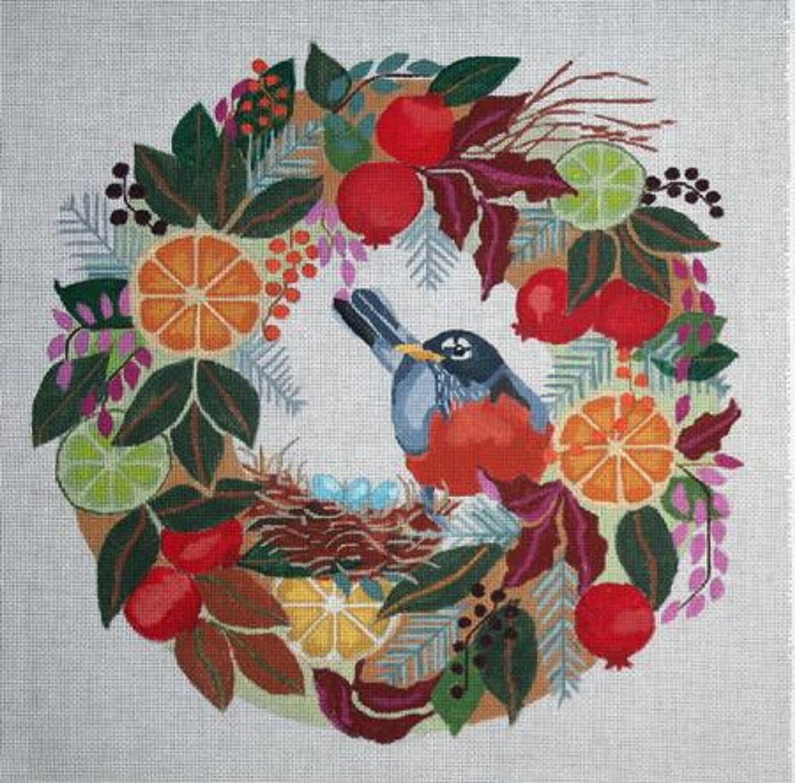 Needlepoint Handpainted Melissa Prince Robin in Wreath 14 -Free Us Shipping