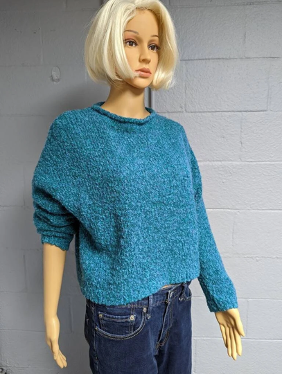 Women's 90S Cropped Blue Slub Knit Sweater.azure Wool/Acrylic Blend. Size L. Made in Hong Kong. Pericles Modern Collections