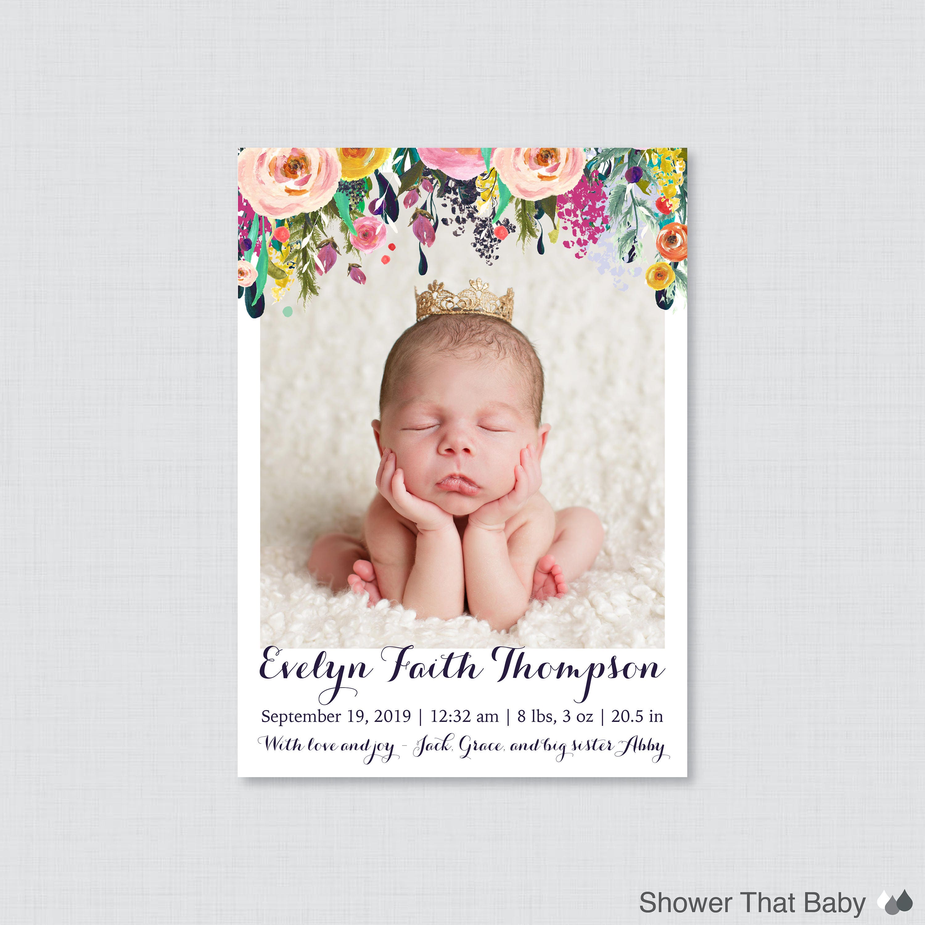 Printable Or Printed Floral Photo Birth Announcement Cards - Colorful Flower Announcements, Baby Girl Announcements Ba21