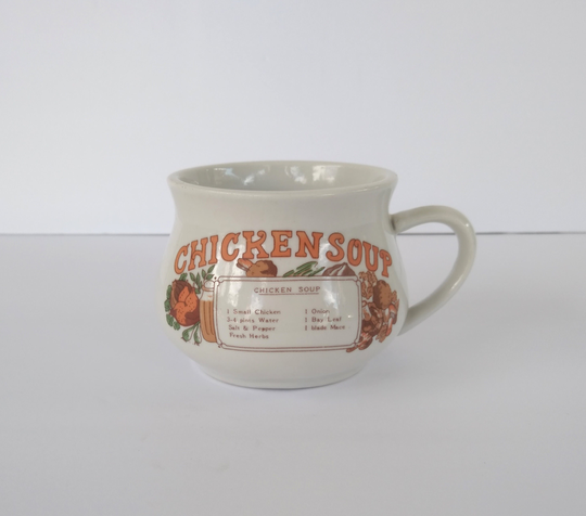White Chicken Soup Mug Bowl With Recipe Graphics & Handle Vintage Kitchen Dining Serving Prop