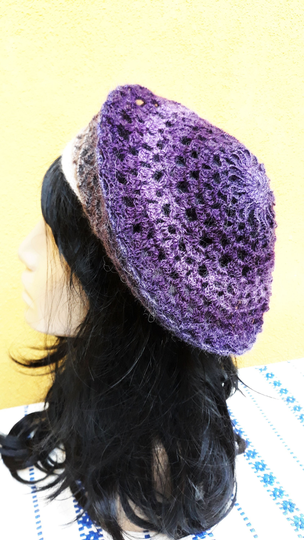 All-Season Crochet Mohair Blend Lightweight Purple Beret, Knit French Slouchy Beanie Hat, Lace Boho Summer Rasta Hat