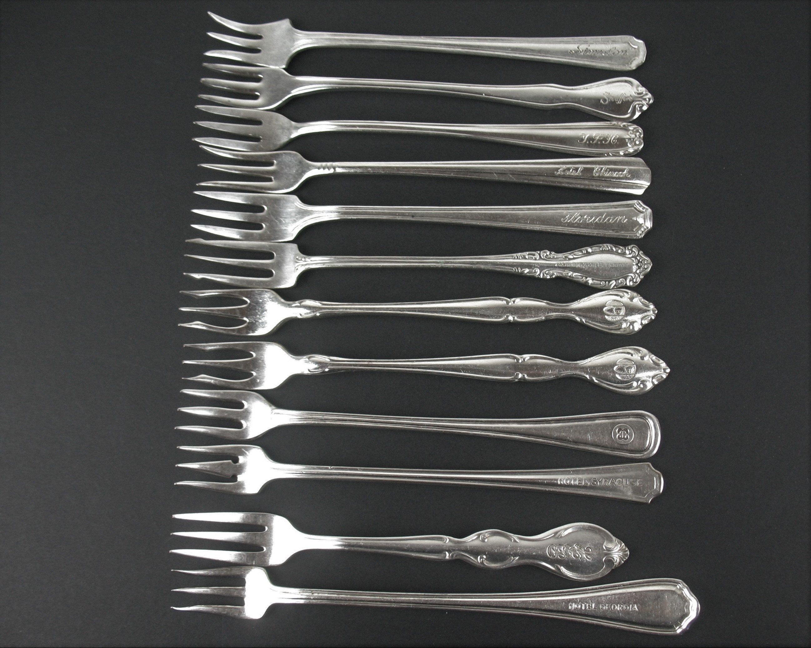 12 X Silverplate Seafood Cocktail Forks All Different Hotels Restaurants Etc | Vintage Mismatched Crab Set