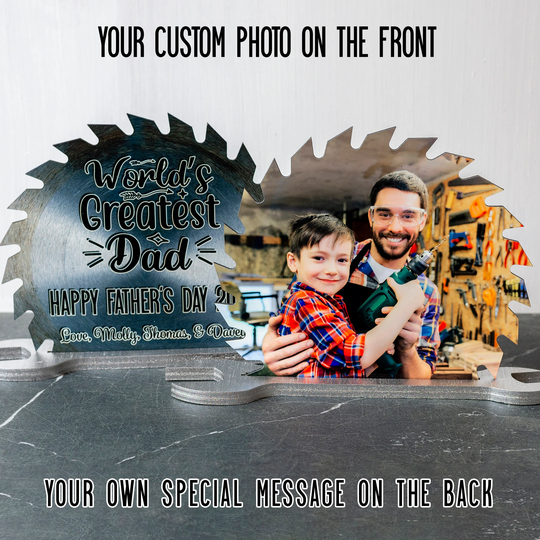 Personalized Sawblade Photograph With Wrench Stand, Custom Father & Kids Photo, Father's Day Gift For Dad, Saw Blade Papa