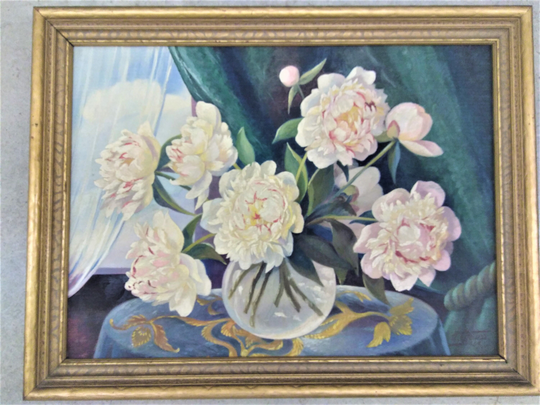 Vintage Rare Original Canvas Old Oil Painting Flowers Art Signed Dated By Artist H. Grotuss With Wood Frame 26 X 20