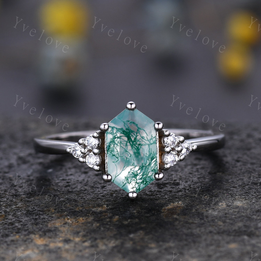 Retro Long Hexagon Moss Agate Ring, Vintage Platinum Ring, Unique Engagement Ring, Twig Diamond Promise Ring, Anniversary Ring Gift To Her