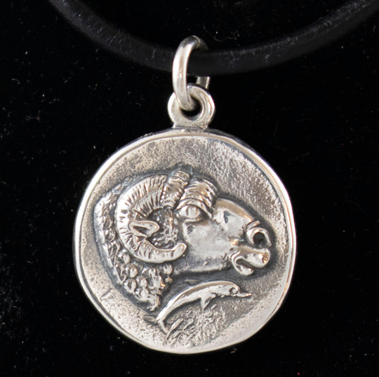 Ram Head-Delphi Silver Pendant Like Ancient Greek Coin-Phocis, Delphi-Reverse, Goat's Head Facing Between Two Dolphins