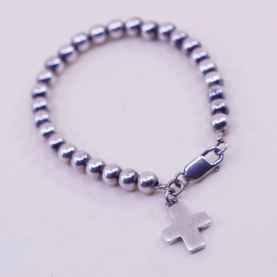 7", 6mm, Vintage Sterling Silver Bracelet, 925 Beads Chain With Cross Charm Embossed Name "Linda". Stamped