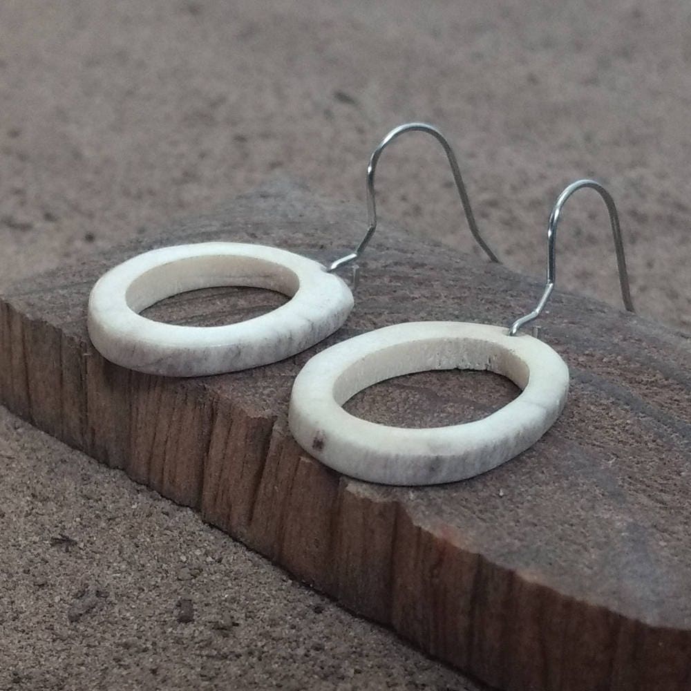 Ring Earrings, Carved Deer Antler, Surgical Steel Hooks, Larp, Cosplay, Wiccan, Magic, Pagan, Viking - Hand Made & in The Usa