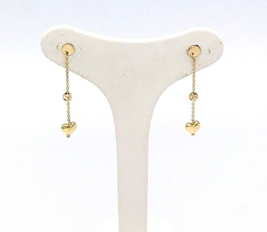 18K Polished Gold Drop Earrings - With Shiny Hearts Sparkling Italian Perfect Gift For Loved One