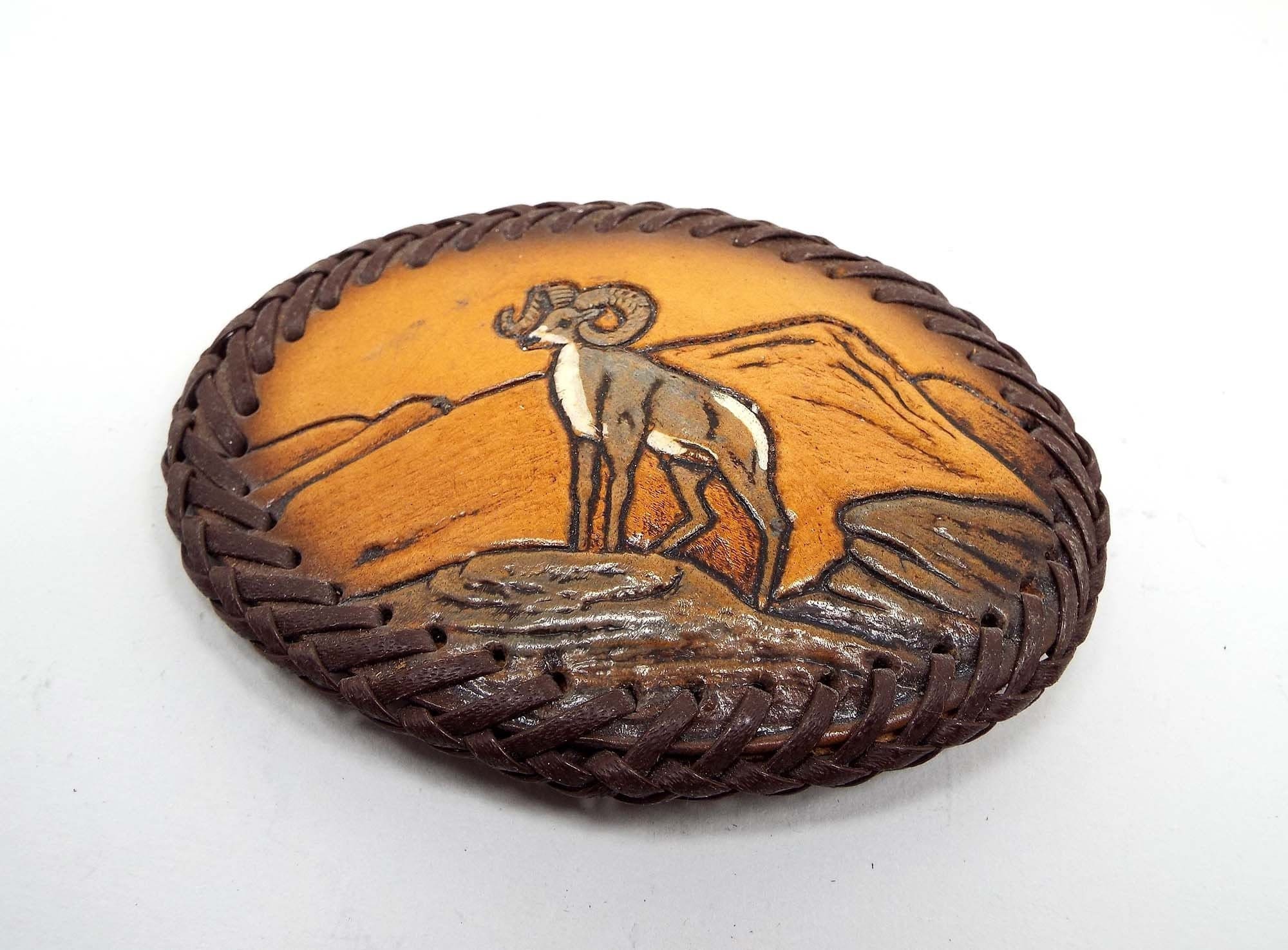 Leather Goat Ram Vintage Belt Buckle, Retro 1970S