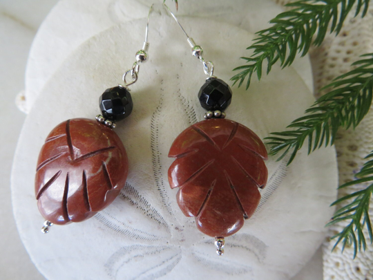 Marianne's Earrings, Carved Leaf Red Black Onyx Jasper Sterling Silver Drop Earrings