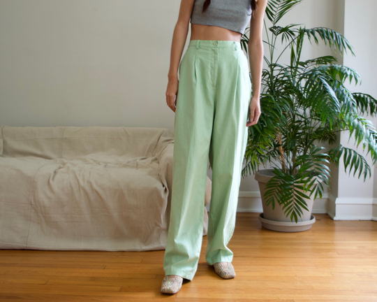 Pale Green Linen Blend Pleated Taper Trouser/29W+