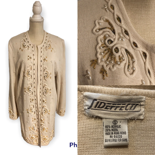 Vintage 1980's 1990's Wool Blend Sideffects Cream Open Front Long Cardigan Sweater Beaded Sequin Gold Design Small