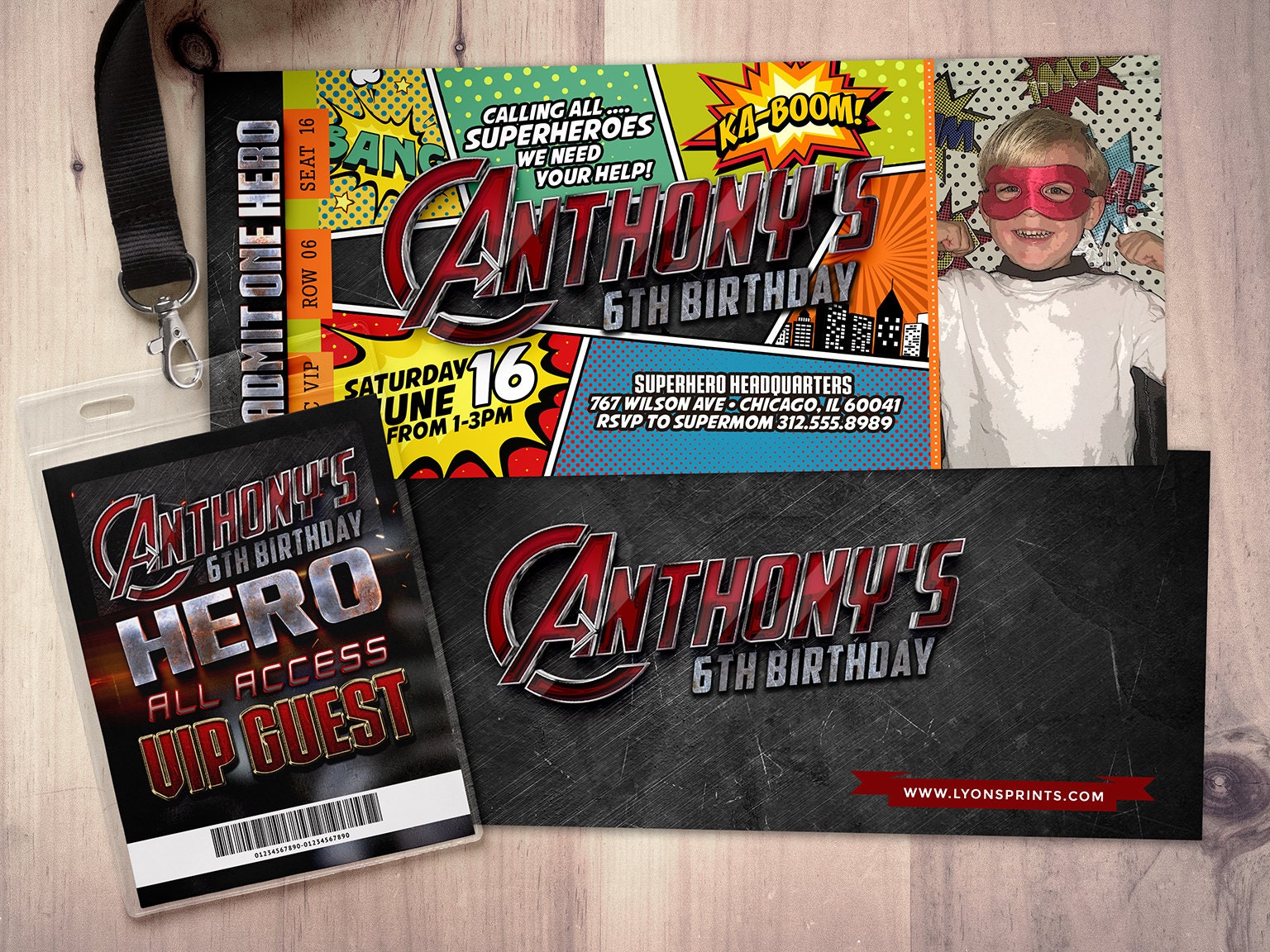 Amusement Park Party, Super Hero Party Invitation, Boy Birthday Invitations/Theme Park, Super Hero Birthday, Comic Ticket, Digital Files