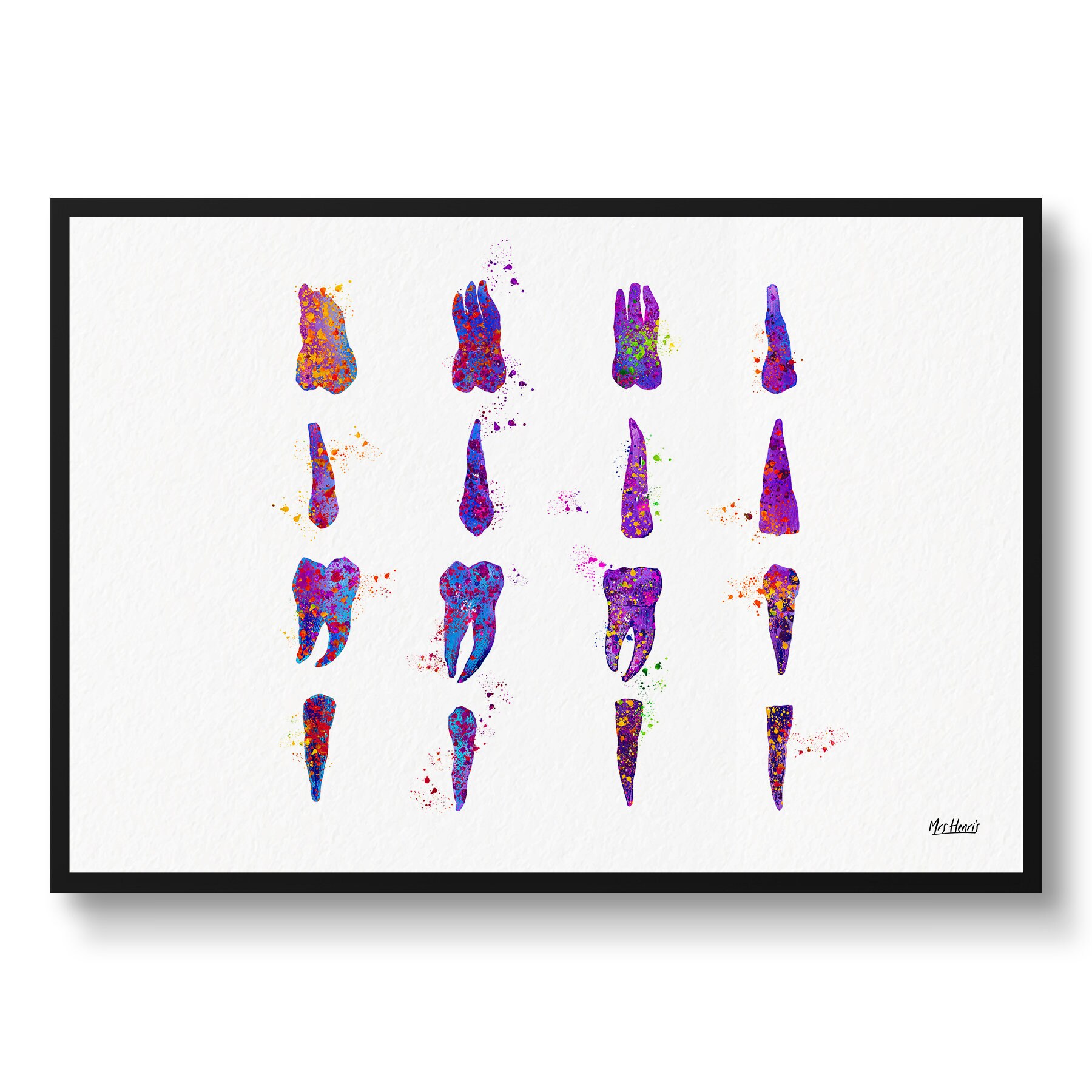 Teeth Set Watercolour Print Tooth Anatomy Chart Dental Office Clinic Wall Art - Waiting Room Dentistry Gift