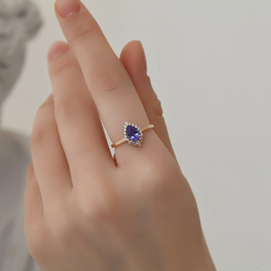 Natural Diamond Ring/14K Rose & White Solid Gold Pear Cut Sapphire Halo Unique Jewelry