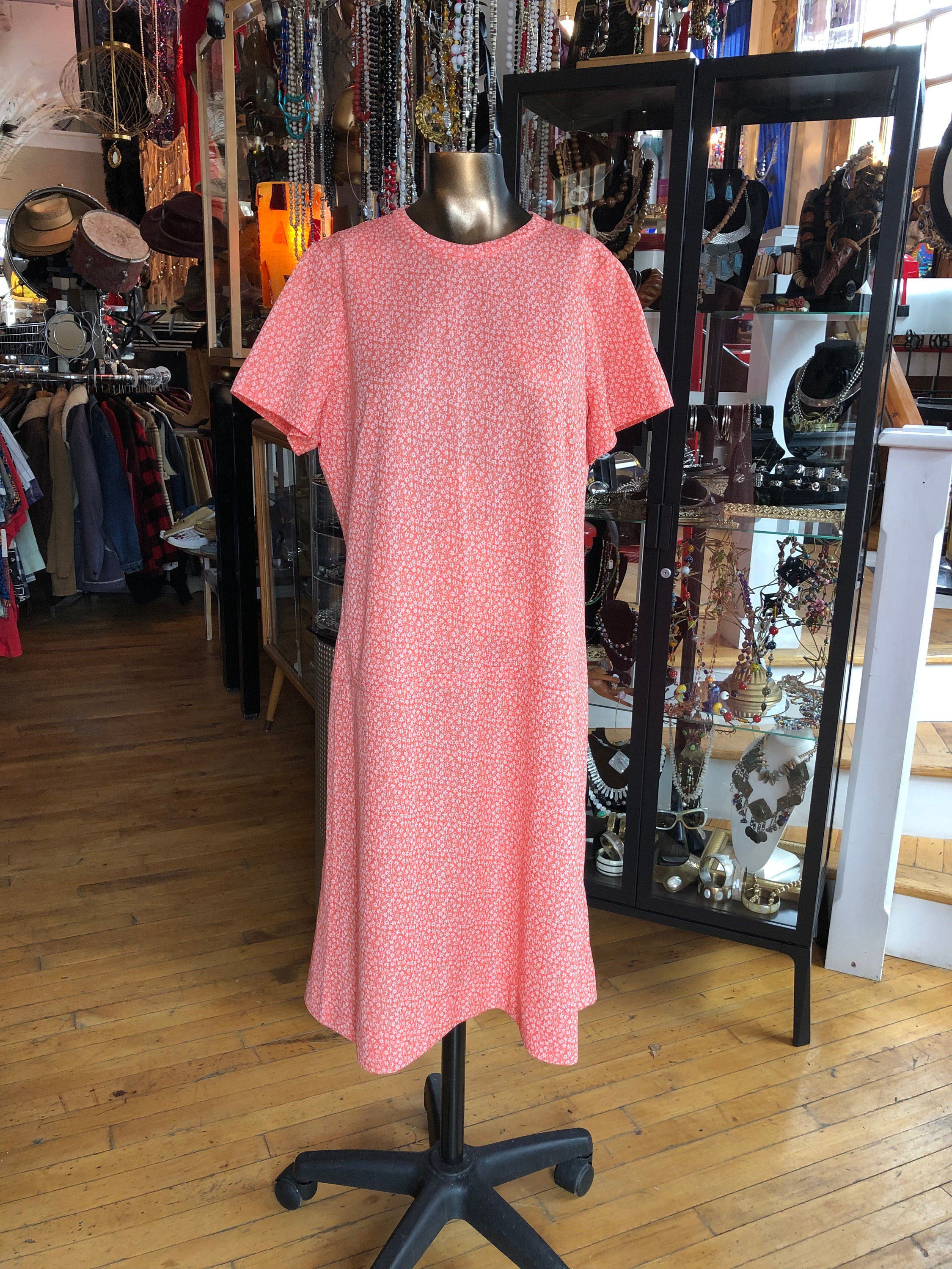 Vintage Poly Blend Orange & White Floral Dress, Handmade Size Large