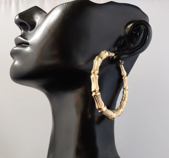 14K Real Solid Yellow Gold Round Bamboo Hoop Earrings, High Quality, 35mm-78mm Earrings, Women Earrings