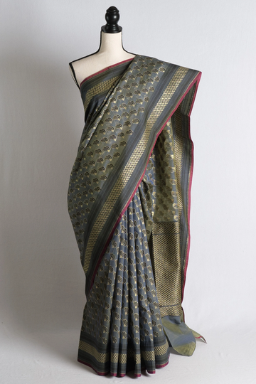 Blended Cotton Banarasi Saree in English Gray & Antique Gold