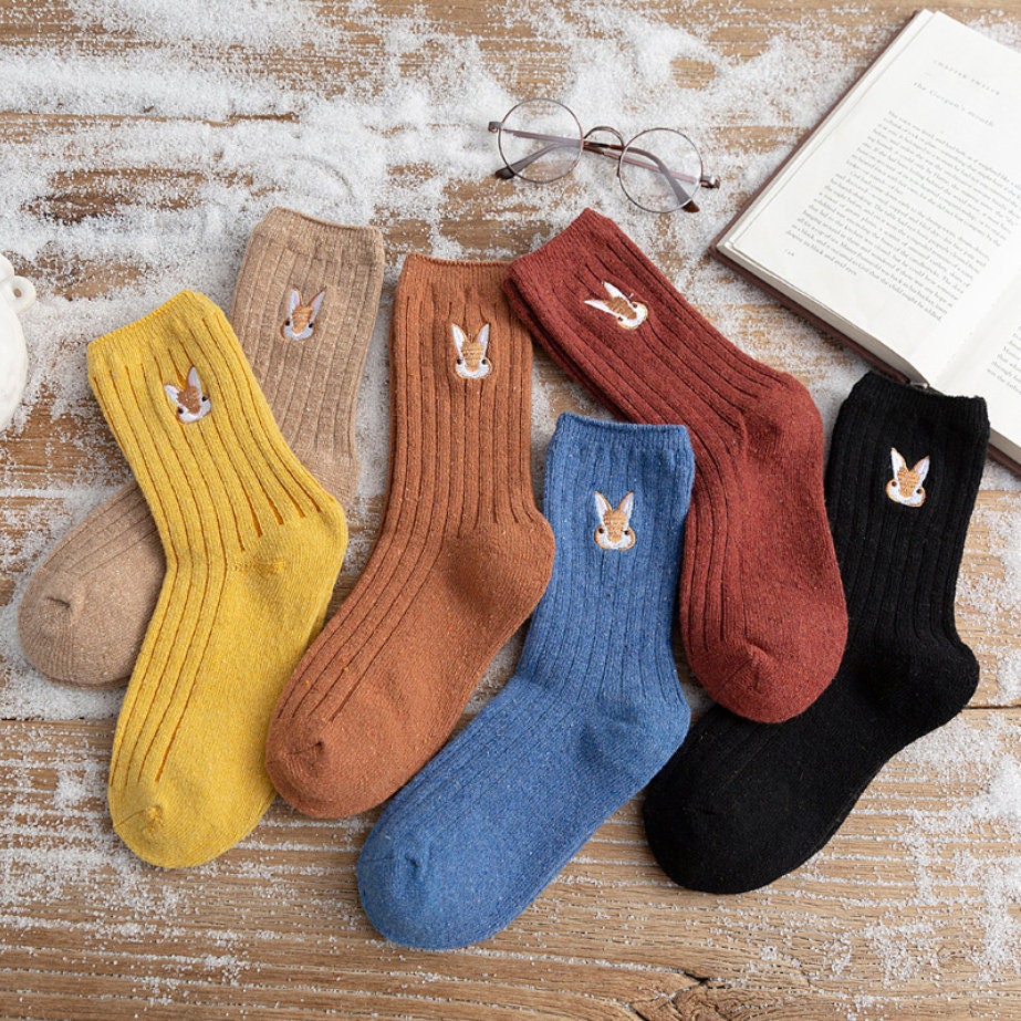 Bunny Embroidery Blended Wool Socks, Rabbit Women Cotton Letterbox Gift, Warm Crew Socks For Fall/Winter, Gift Her