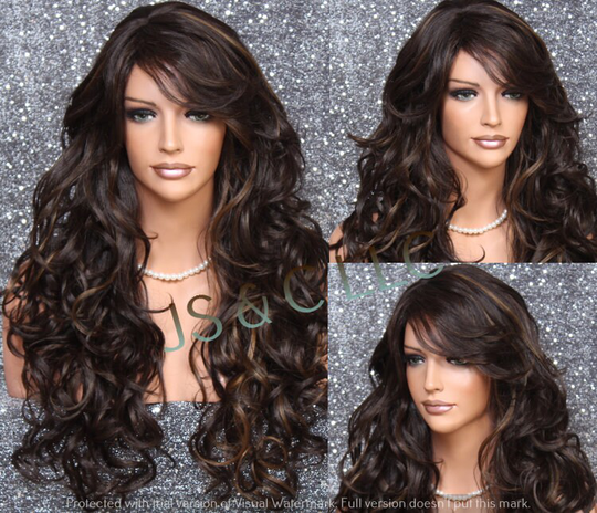 Brown Mixed Human Hair Blend Wig Layered & Curly Full Bangs Heat Ok Cancer Alopecia Theater Cosplay Anime Emo Celebrity Pageant