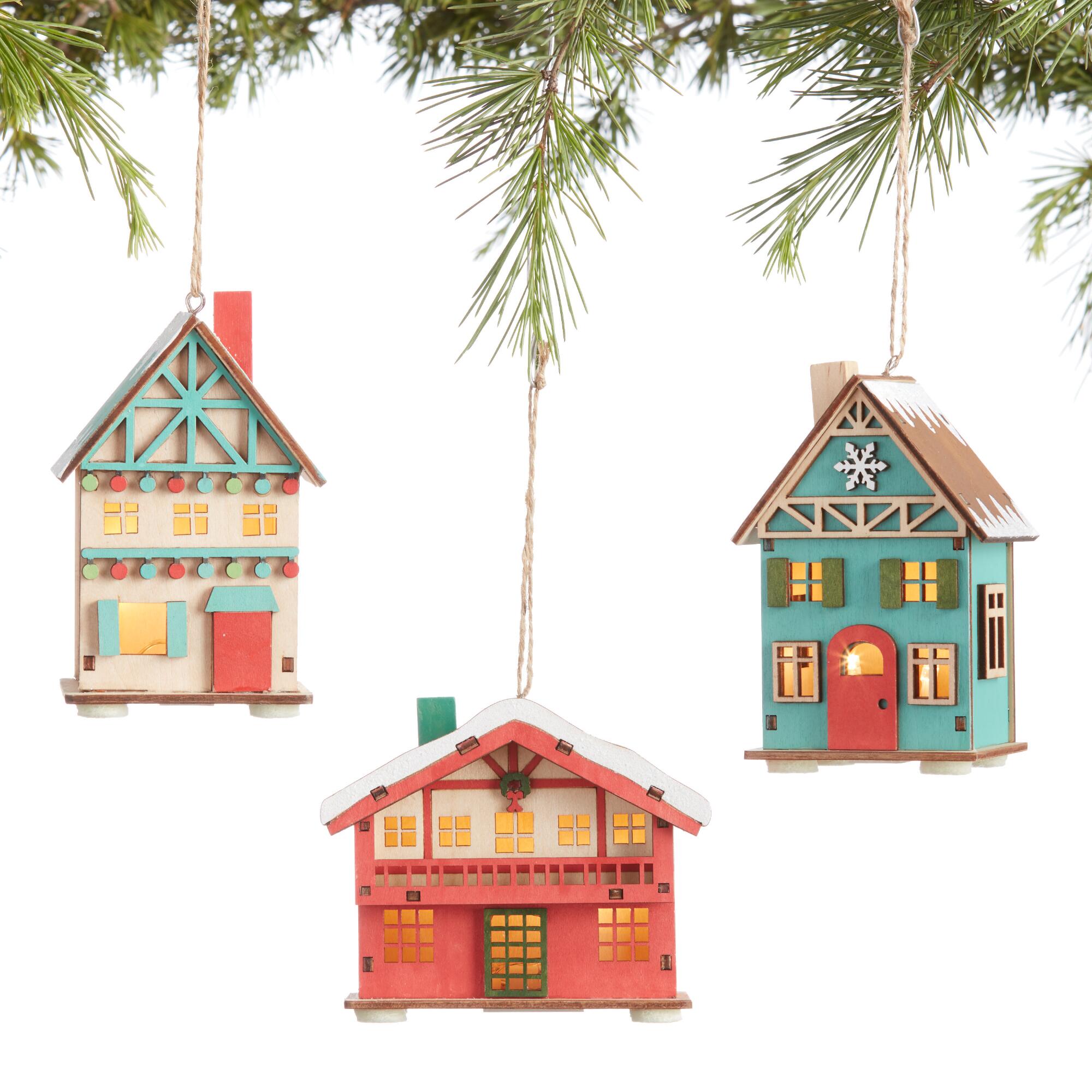 Woodcut Snowy Chalet LED Light Up Ornaments Set of 3: Multi by World Market