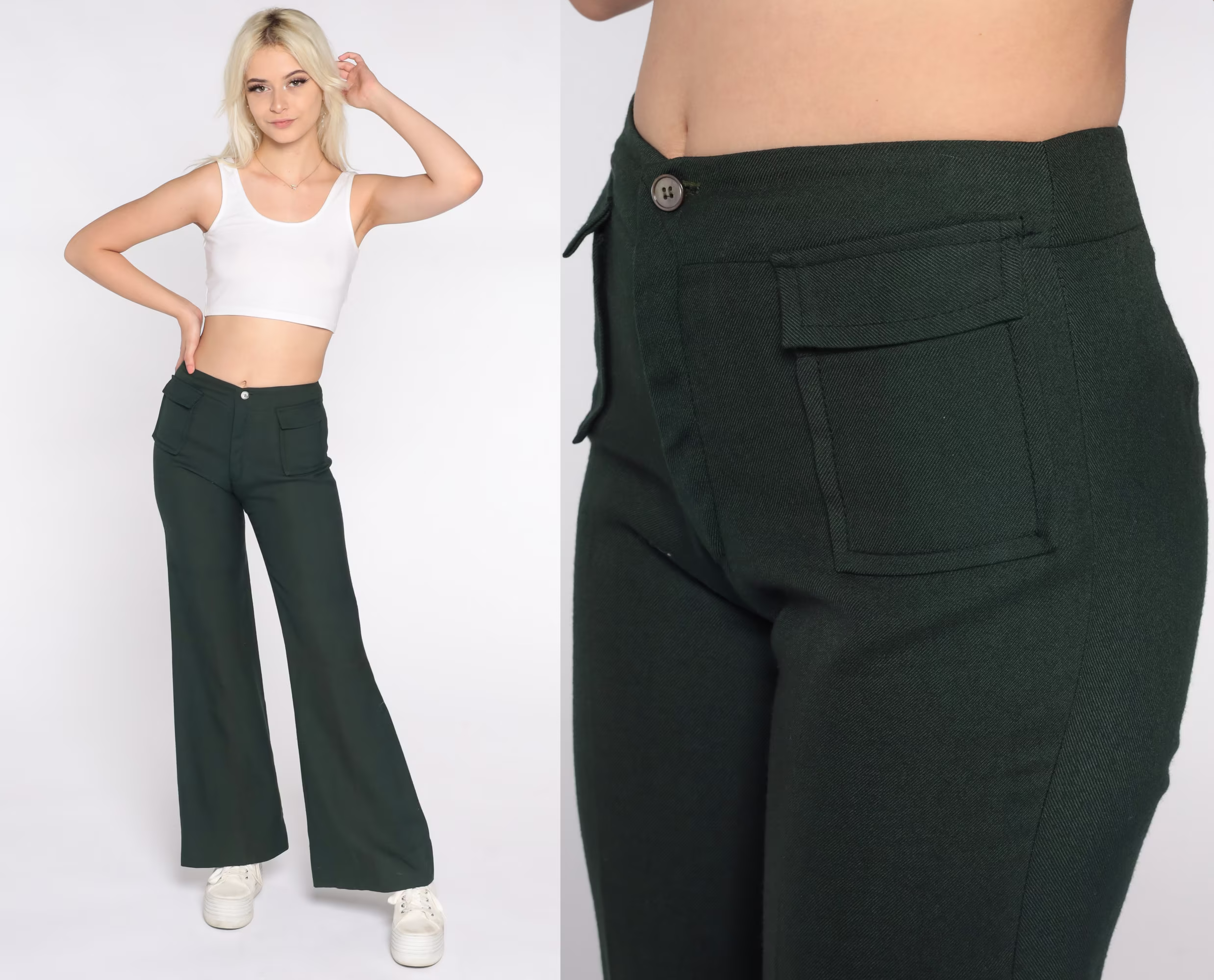 Green Bell Bottom Trousers 70S Pants Wool Blend Mid Rise Hippie Boho Preppy Bohemian High Waist 1970S Retro Plain Vintage Small S 4