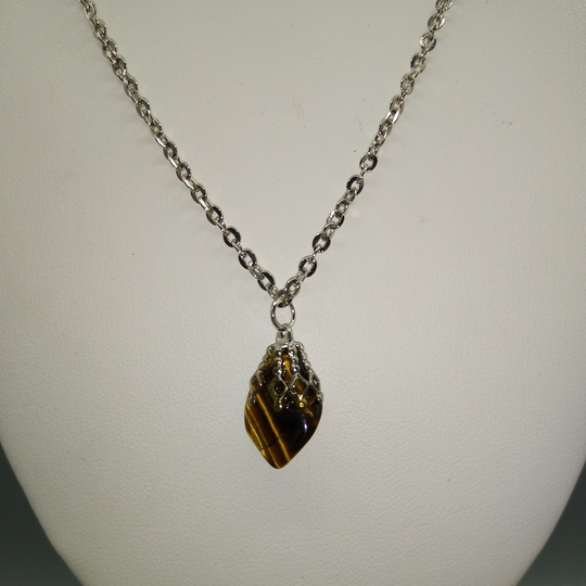 Vintage Tigers Eye Pendant Necklace, Shimmery Brown Natural Stone On Silver Tone Chain